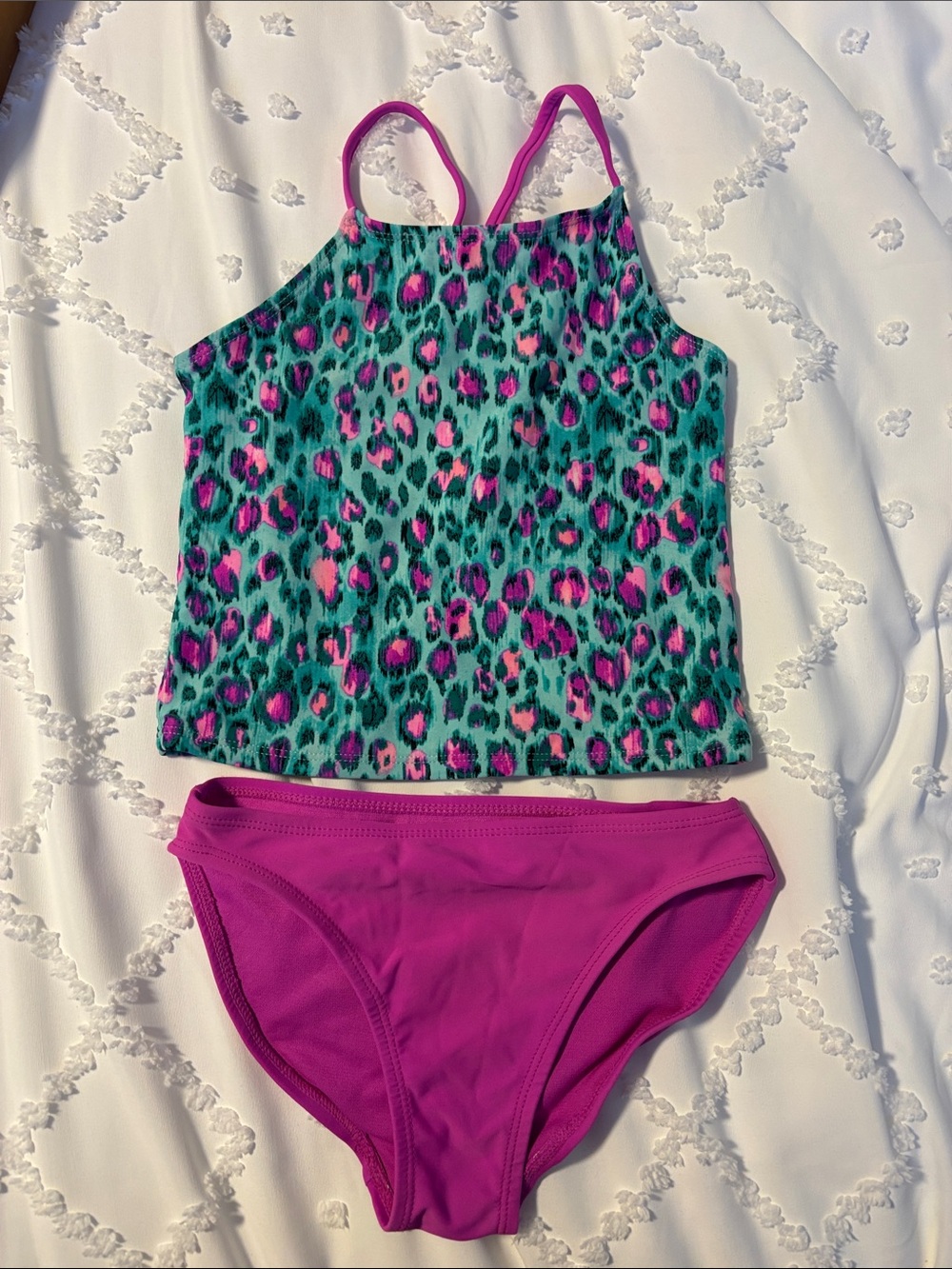 George Girls Teal & Magenta Leopard Tankini Set
